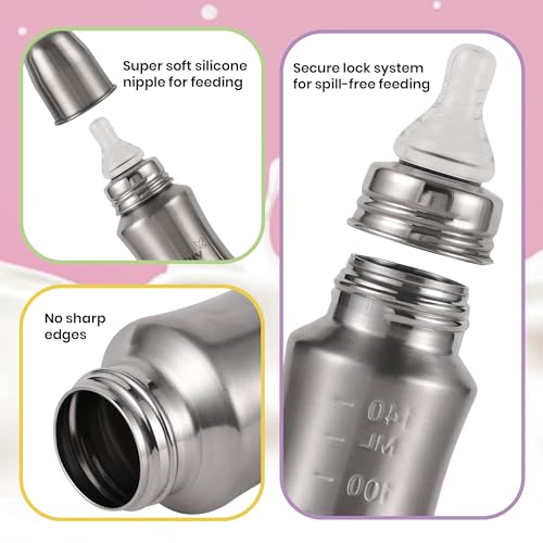 Nuluv Nourish+ Stainless Steel Feeding Bottle 140ml with S Size Nipple, 0+ Months Babies, Food Grade SS 304, Anti-Colic Silicone Nipple, BPA Free, Baby Bottle, Easy to Clean, BIS Certified - Image 5