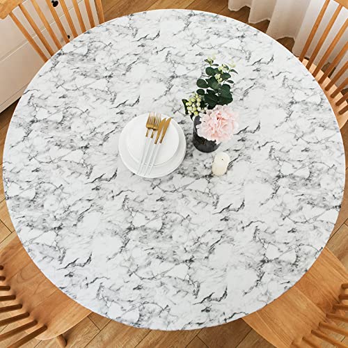 LIBERECOO Round Vinyl Fitted Tablecloth with Flannel Backing Elastic Edge Table Cover Waterproof Stain-Resistant Wipeable Tablcloths Fits 45-56" Round Tables - Image 1
