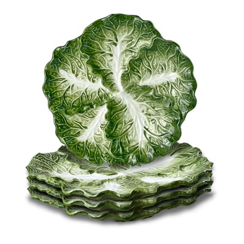 KXZ 10.5 Inch Cabbage Plates, Set of 4 Green Ceramic Salad Plate, Porcelain Decorative Plates for Kitchen, Round Appetizer Bowl for Dessert, Decorative, Dinner, Pancakes, Steak - Image 1
