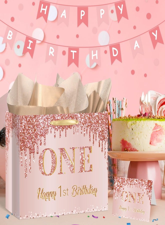 Yoirrat Rose Gold One 1st Birthday Gift Bag for Baby Girls Large Pink Happy 1st Birthday Gift Bag with Wrapping Paper and Card for One Year Old Bday Decorations Baby Shower Party Supplies - Image 2
