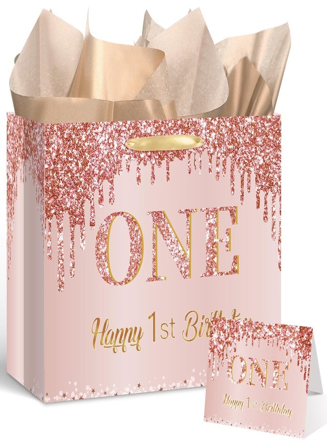 Yoirrat Rose Gold One 1st Birthday Gift Bag for Baby Girls Large Pink Happy 1st Birthday Gift Bag with Wrapping Paper and Card for One Year Old Bday Decorations Baby Shower Party Supplies - Image 1