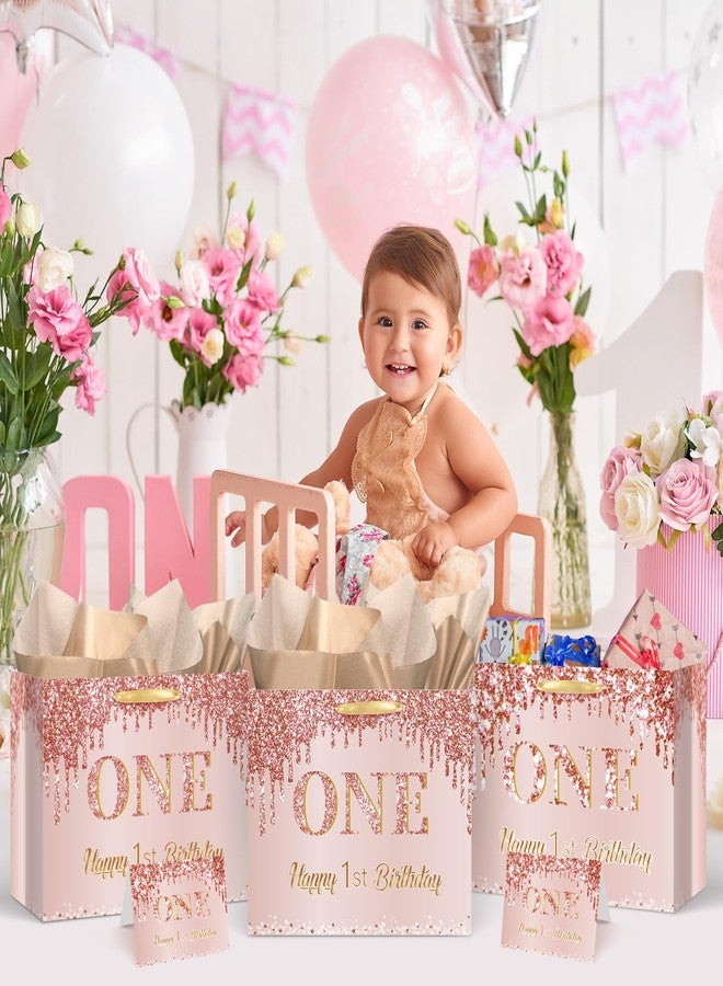 Yoirrat Rose Gold One 1st Birthday Gift Bag for Baby Girls Large Pink Happy 1st Birthday Gift Bag with Wrapping Paper and Card for One Year Old Bday Decorations Baby Shower Party Supplies - Image 5