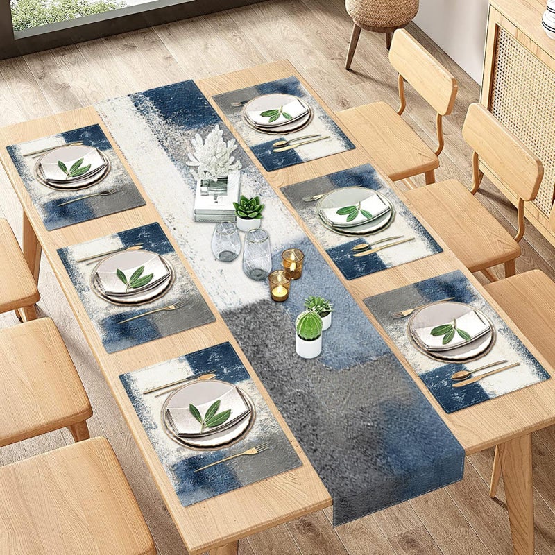 ArtSocket Farmhouse Table Runner and Placemats Set of 6 Abstract Blue Grey Painting Art Dining Decor for Daily Use1 Table Runner 72 inches Long and 6 Placemats