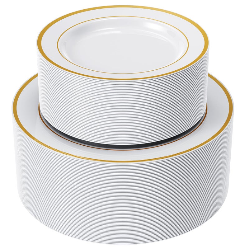 FOCUSLINE 120Pcs Gold Plastic Plates Disposable White and Gold Rim Plastic Plates Including 60 10Inch Dinner Plates 60 7Inch Dessert Plates Elegant Fancy Heavy Duty Wedding Party Plates