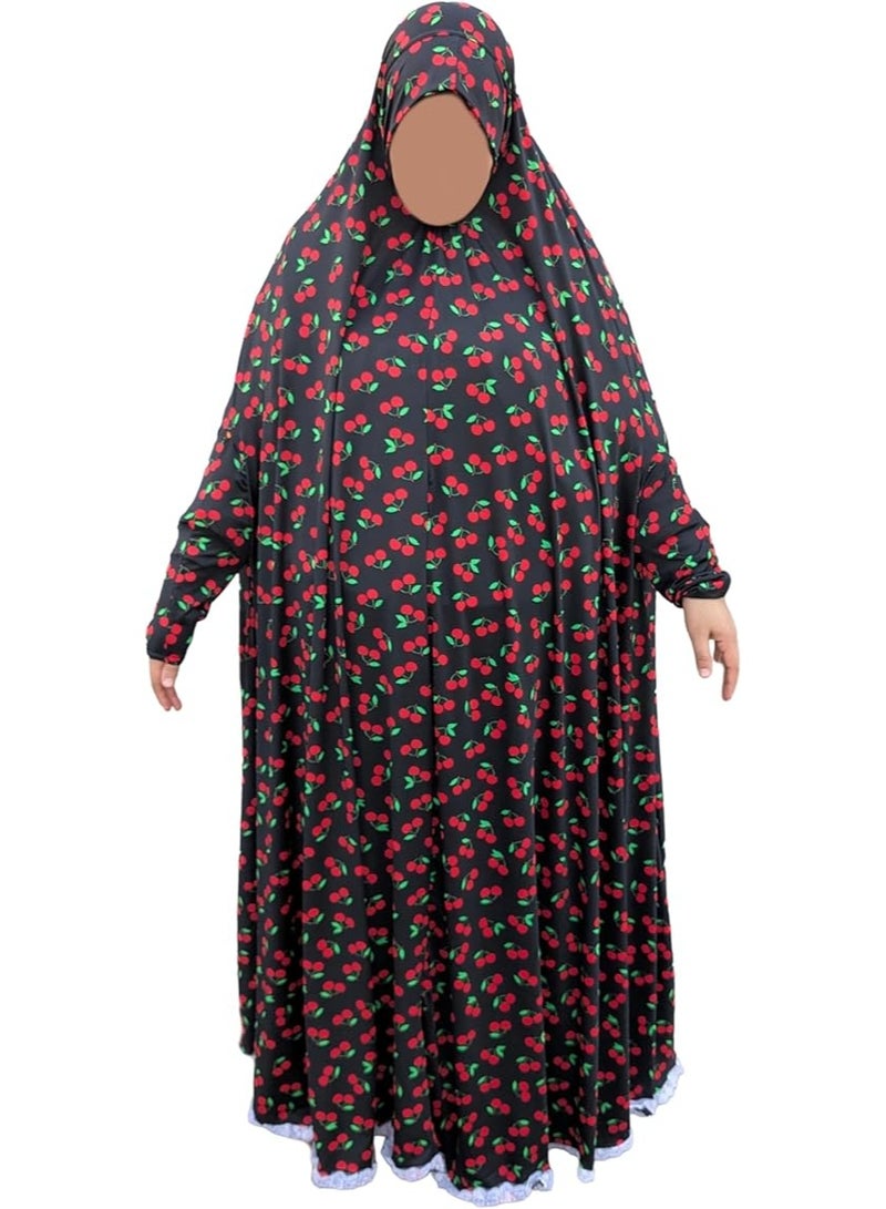 Women’s Long-Sleeve Prayer Khimar | Cotton & Lycra Fabric | Full-Coverage Prayer Veil | Cherry Pattern Design - Image 1