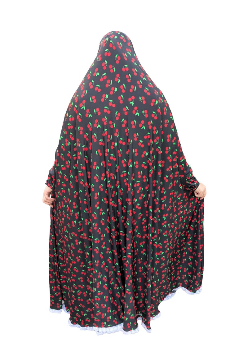 Women’s Long-Sleeve Prayer Khimar | Cotton & Lycra Fabric | Full-Coverage Prayer Veil | Cherry Pattern Design - Image 5