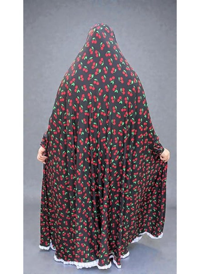 Women’s Long-Sleeve Prayer Khimar | Cotton & Lycra Fabric | Full-Coverage Prayer Veil | Cherry Pattern Design - Image 4