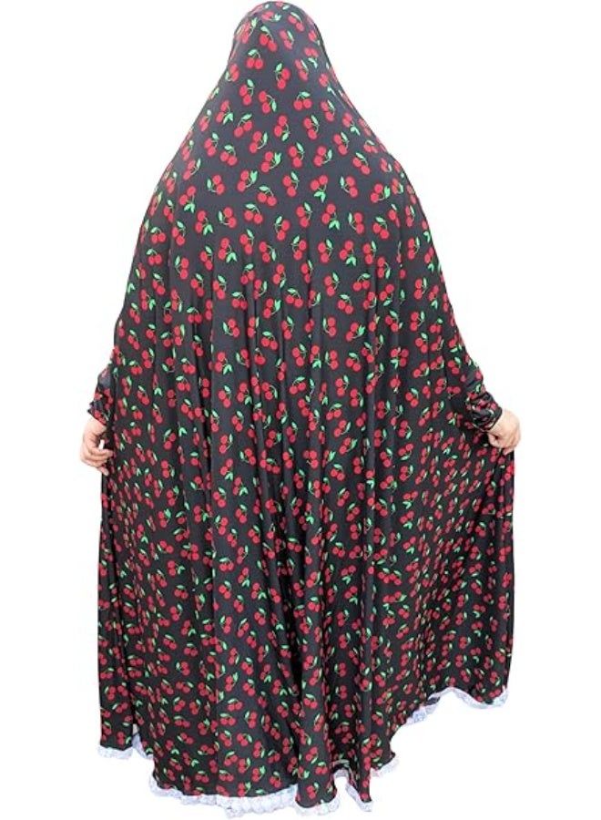 Women’s Long-Sleeve Prayer Khimar | Cotton & Lycra Fabric | Full-Coverage Prayer Veil | Cherry Pattern Design - Image 3