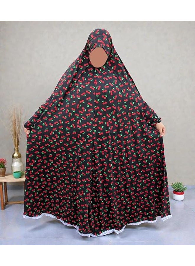 Women’s Long-Sleeve Prayer Khimar | Cotton & Lycra Fabric | Full-Coverage Prayer Veil | Cherry Pattern Design - Image 2