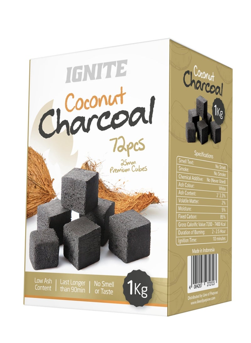 Ignite Premium Coconut Shell Charcoal Briquettes 1Kg, 25mm Cubes x 72 Pcs with Low ash content