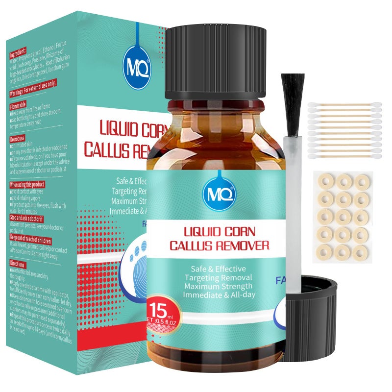 MQ Professional Corn & Callus Remover Liquid for Feet & Toes â€“ Fast Acting for Corn Removal, Hard Skin & Dead Skin â€“ Includes 15ML Solution + 15 Cushions + 10 Swabs â€“ Effective Foot Care Solution - Image 1