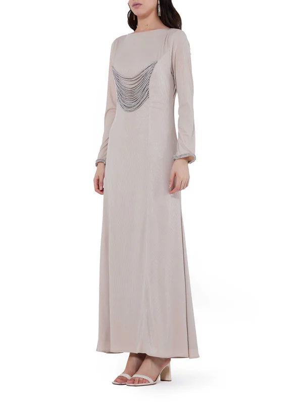 امري Rhinestone Embellished Metallic Rib Knit Fitted Dress