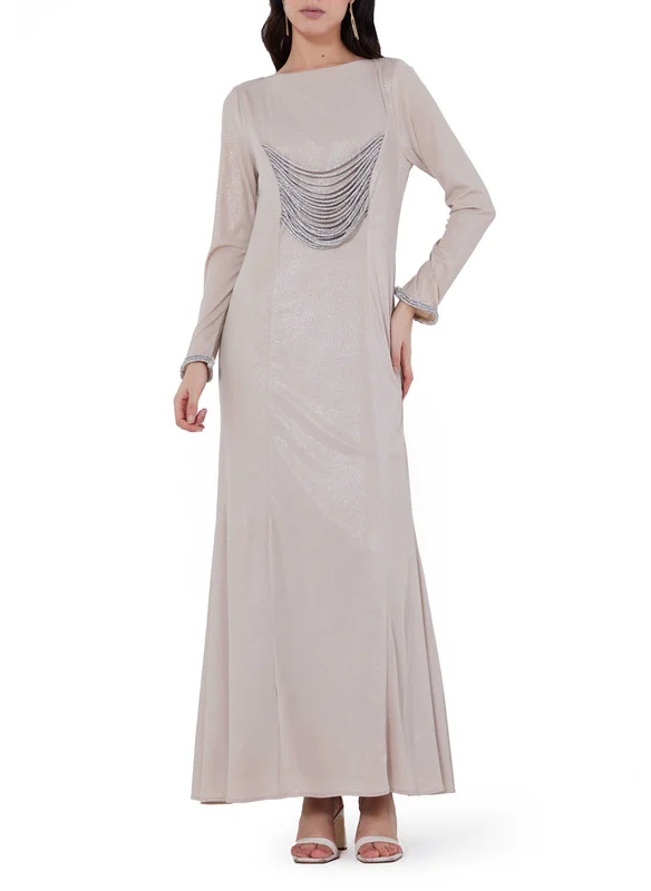 امري Rhinestone Embellished Metallic Rib Knit Fitted Dress