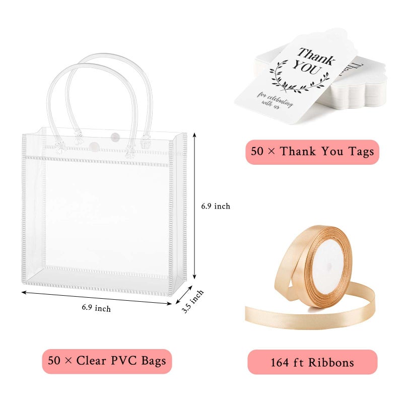 Mauproy 50 Pack Clear Plastic Gift Bags With Handles  Party Favor Bags With Ribbons And Tags  Reusable Goodie Tote Bags For Wedding Baby Shower Christmas (6.9?X 6.9?X 3.5 "") - Image 2