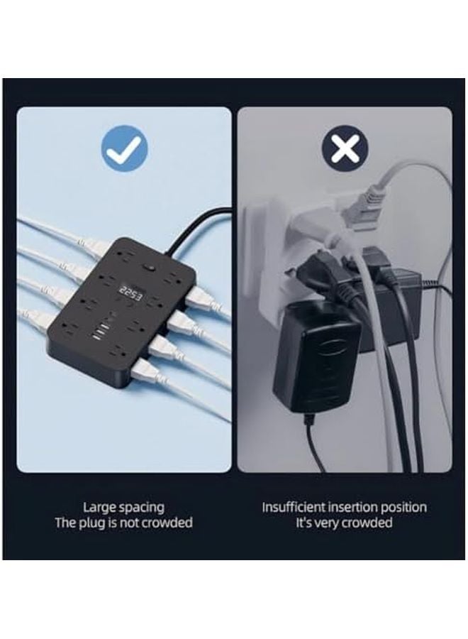 16 In 1 Power Strip With Switch Surge Protection 3 USB 2 Type C Ports Time Display A Black - Image 5