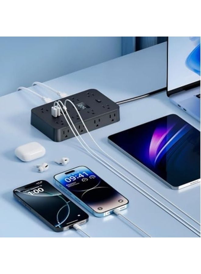16 In 1 Power Strip With Switch Surge Protection 3 USB 2 Type C Ports Time Display A Black - Image 3