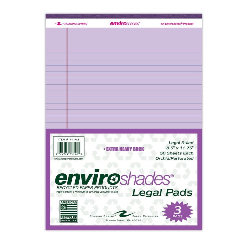 ROARING SPRING Enviroshades Recycled Colored Legal Pads, Orchid, 3 Pack, 8.5" x 11", Legal Ruled, 50 Sheets Per Pad, 15 lb Perforated Paper, Made in USA - Image 1