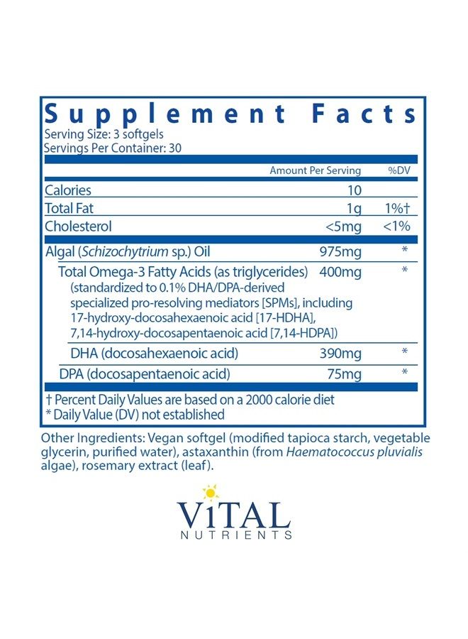 Vital Nutrients Ultra Pure Vegan Omega SPM + | Specialized Pro Resolving Mediators to Support Immune System | DHA and DHA Fatty Acids | Plant-Based algal Oil | Burpless Supplement | 90 Mini Softgels  - Image 2