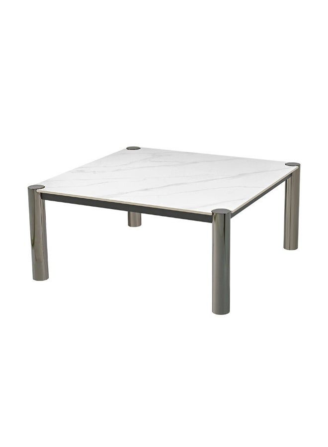 DANUBE HOME طاولة قهوة مربعة بسطح حجر ويليام المصنوع بالضغط | طاولة متعددة الوظائف لغرفة المعيشة | طاولة مركزية موفرة للمساحة | أثاث بتصميم عصري لغرفة المعيشة L100xW100xH45cm-أبيض/نيكل أسود - Image 1