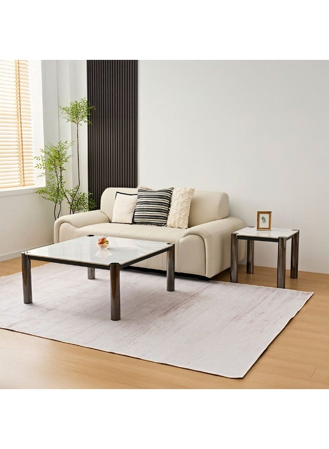 DANUBE HOME طاولة قهوة مربعة بسطح حجر ويليام المصنوع بالضغط | طاولة متعددة الوظائف لغرفة المعيشة | طاولة مركزية موفرة للمساحة | أثاث بتصميم عصري لغرفة المعيشة L100xW100xH45cm-أبيض/نيكل أسود - Image 4