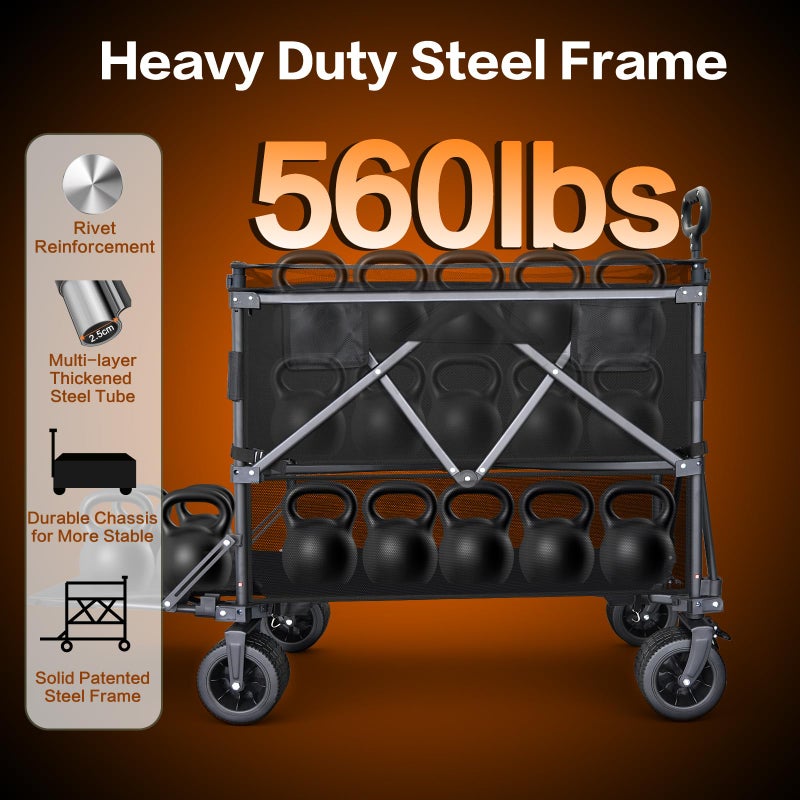 HAIGE Double Decker Wagon with Retractable Mesh & Tailgate - 560Lbs Load Heavy Duty Foldable Collapsible Wagon Cart with Wheels for Camping, Beach, Groceries, Sports (Black) - Image 2