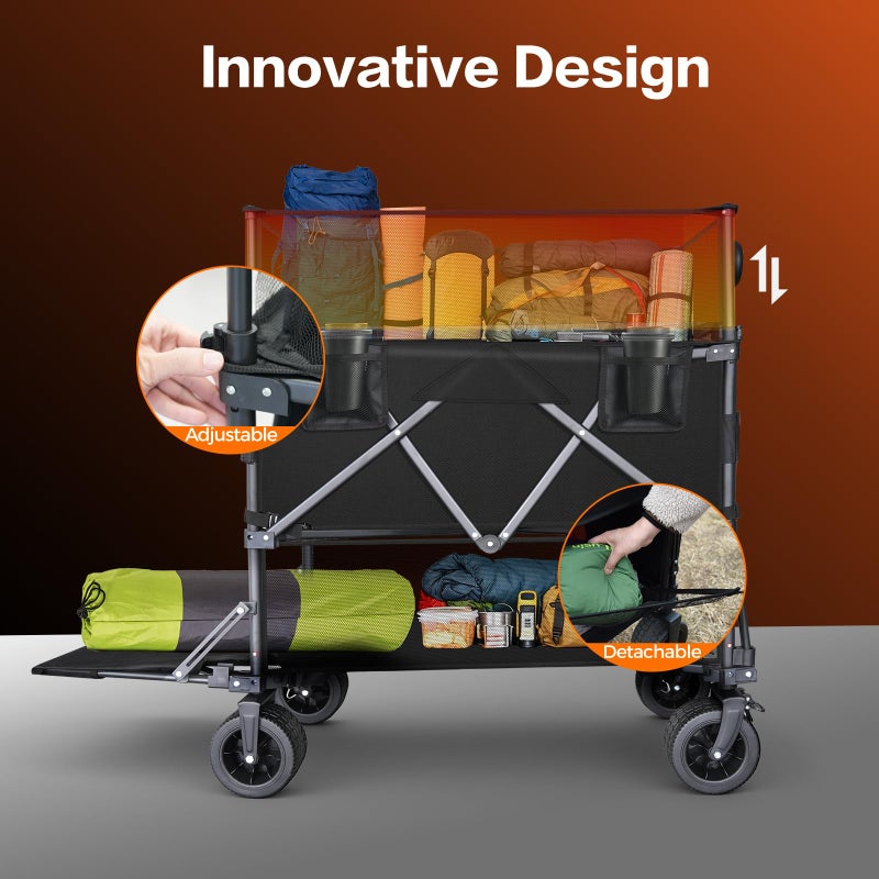 HAIGE Double Decker Wagon with Retractable Mesh & Tailgate - 560Lbs Load Heavy Duty Foldable Collapsible Wagon Cart with Wheels for Camping, Beach, Groceries, Sports (Black) - Image 3