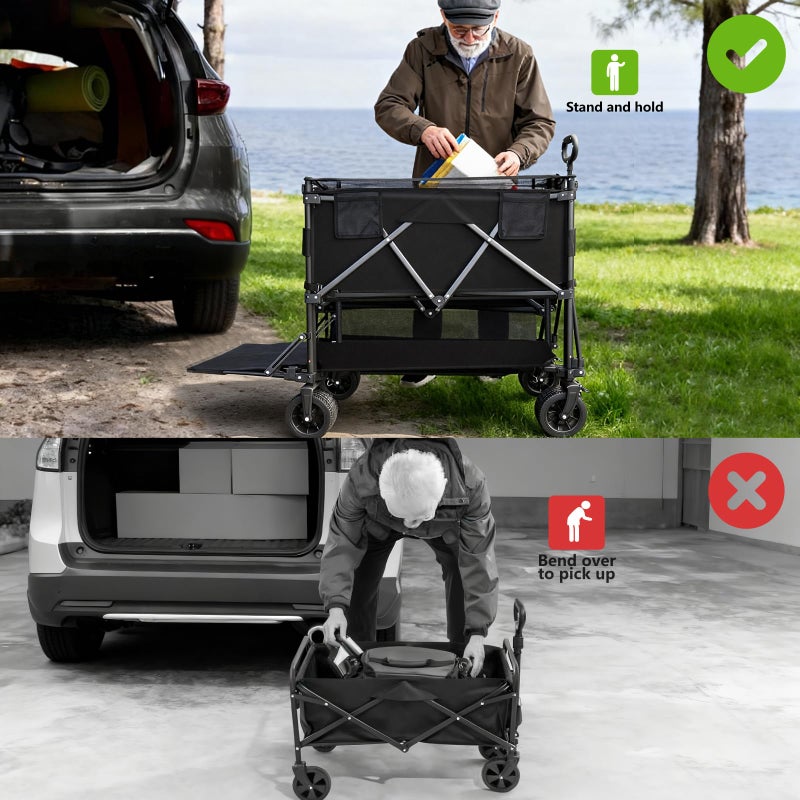 HAIGE Double Decker Wagon with Retractable Mesh & Tailgate - 560Lbs Load Heavy Duty Foldable Collapsible Wagon Cart with Wheels for Camping, Beach, Groceries, Sports (Black) - Image 5