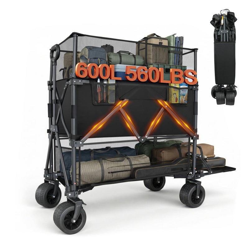 HAIGE Double Decker Wagon with Retractable Mesh & Tailgate - 560Lbs Load Heavy Duty Foldable Collapsible Wagon Cart with Wheels for Camping, Beach, Groceries, Sports (Black) - Image 1