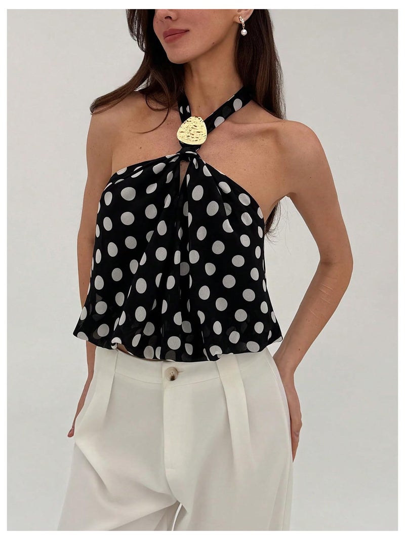 MakeMeChic Women's Polka Dots Halter Crop Tops Metal Open Back Sleeveless Going Out Top Black Small - Image 5