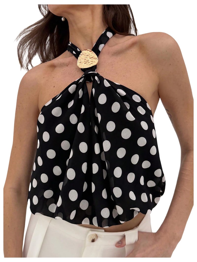 MakeMeChic Women's Polka Dots Halter Crop Tops Metal Open Back Sleeveless Going Out Top Black Small - Image 1