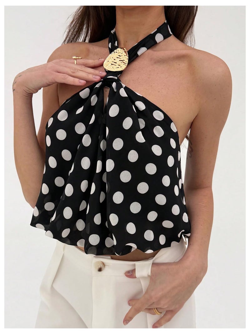 MakeMeChic Women's Polka Dots Halter Crop Tops Metal Open Back Sleeveless Going Out Top Black Small - Image 2