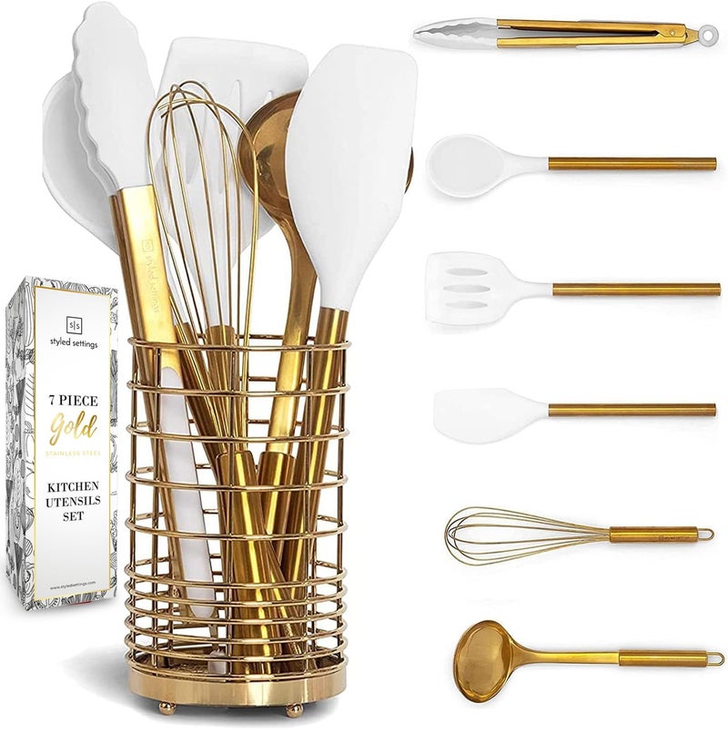styled settings Gold Kitchen Utensils Set – 7-Piece White Silicone Cooking Tools with Gold Utensil Holder – Luxury Kitchen Accessories for Stylish Cooking and Serving, Ideal for Gifting - Image 1