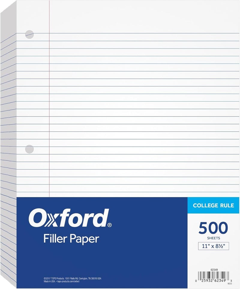 Oxford Filler Paper, 21.6 cm x 28 cm, College Rule, 3-Hole Punched, Loose-Leaf Paper for 3-Ring Binders, 500 Sheets Per Pack (62349), White - Image 1