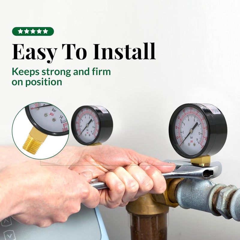Supply Giant مقياس ضغط الماء 2 بوصة من Supply Giant 0-200 PSI، مقياس ضغط فلتر حمام السباحة من الفولاذ الأسود بدقة +/-3-2-3%، مقياس ضغط الزيت والهواء، اتصال نحاسي بزاوية 1/4 بوصة - Image 5