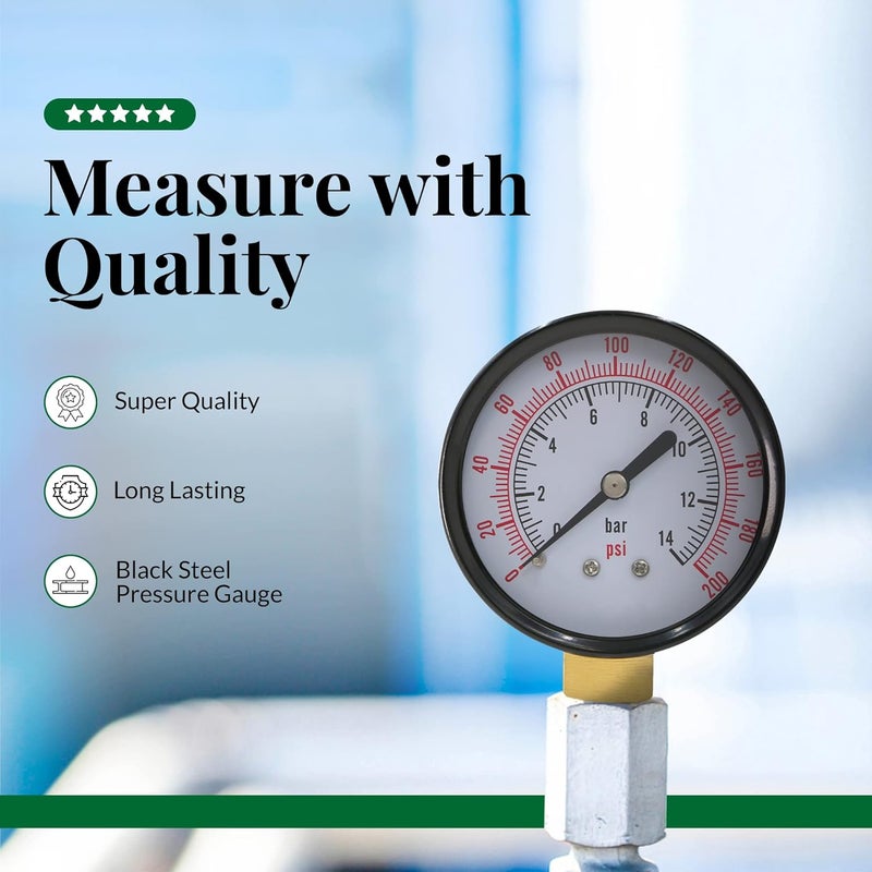Supply Giant مقياس ضغط الماء 2 بوصة من Supply Giant 0-200 PSI، مقياس ضغط فلتر حمام السباحة من الفولاذ الأسود بدقة +/-3-2-3%، مقياس ضغط الزيت والهواء، اتصال نحاسي بزاوية 1/4 بوصة - Image 2