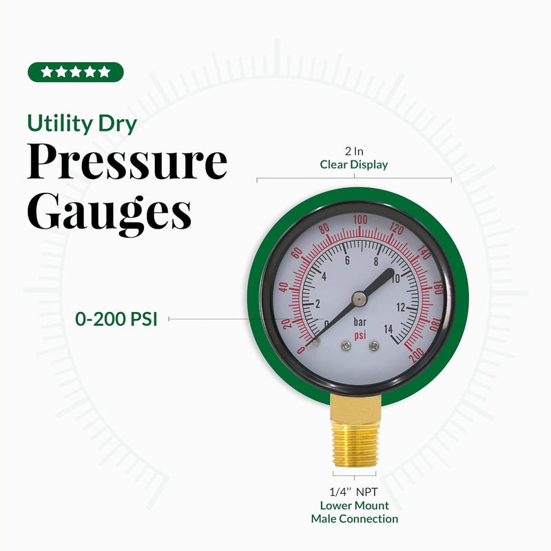 Supply Giant مقياس ضغط الماء 2 بوصة من Supply Giant 0-200 PSI، مقياس ضغط فلتر حمام السباحة من الفولاذ الأسود بدقة +/-3-2-3%، مقياس ضغط الزيت والهواء، اتصال نحاسي بزاوية 1/4 بوصة - Image 3