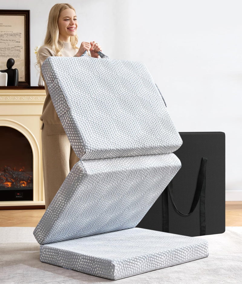 BDEUS Memory Foam Folding Mattress 4 Inch Twin Size with Protable Storage Bag, Trifold Mattress Topper Soft Guest Bed Floor Mat for Kids Camping Road Trip, Gray, 38 x 75 Inch - Image 1