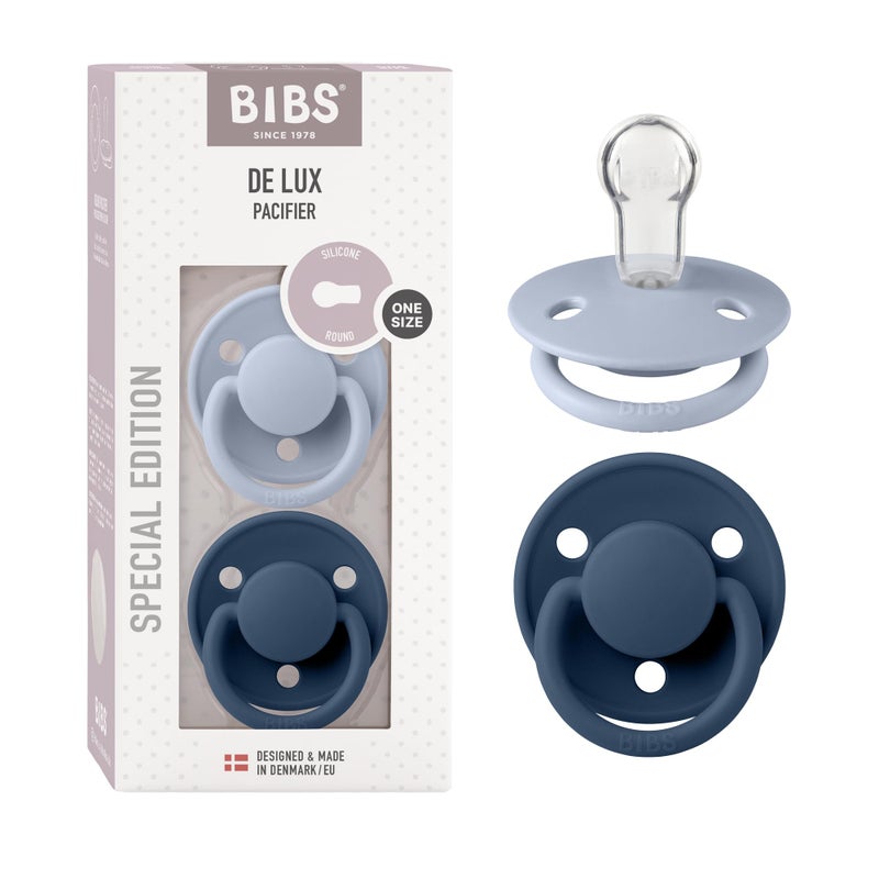 BIBS Pacifiers OneSize | 2-Pack Soothers | BPA-Free Symmetrical Nipple | Made in Denmark | Dusty Blue/Steel Blue De Lux Pacifier - Image 1