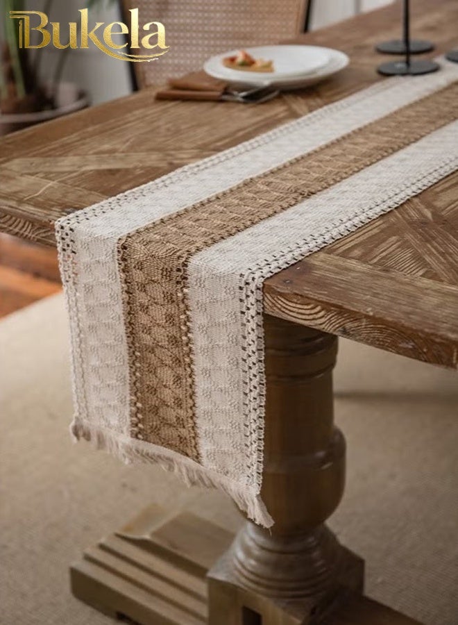 كيلا مفرش سفرة طعام مفرش طاولة من الكتان القطني بتصميم بوهو، مفرش طاولة مجوف محبوك يدويًا لحفلات الزفاف وحفلات استقبال العروس، قطعة مركزية للطاولة 12*108 بوصة (بني) - Image 2