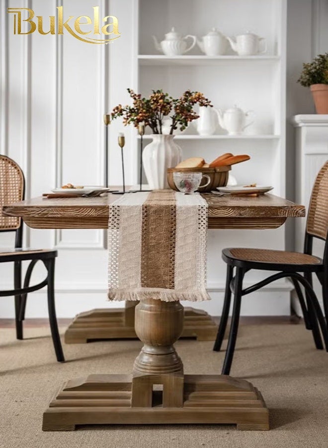 كيلا مفرش سفرة طعام مفرش طاولة من الكتان القطني بتصميم بوهو، مفرش طاولة مجوف محبوك يدويًا لحفلات الزفاف وحفلات استقبال العروس، قطعة مركزية للطاولة 12*108 بوصة (بني) - Image 3