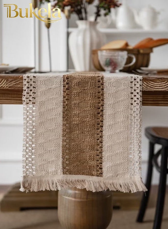 كيلا مفرش سفرة طعام مفرش طاولة من الكتان القطني بتصميم بوهو، مفرش طاولة مجوف محبوك يدويًا لحفلات الزفاف وحفلات استقبال العروس، قطعة مركزية للطاولة 12*108 بوصة (بني) - Image 4