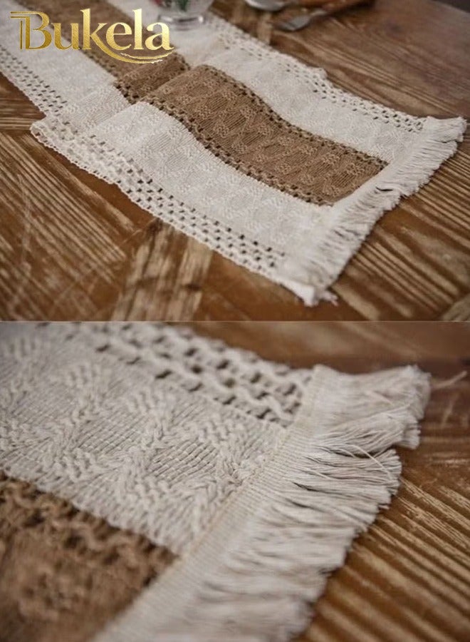 كيلا مفرش سفرة طعام مفرش طاولة من الكتان القطني بتصميم بوهو، مفرش طاولة مجوف محبوك يدويًا لحفلات الزفاف وحفلات استقبال العروس، قطعة مركزية للطاولة 12*108 بوصة (بني) - Image 5