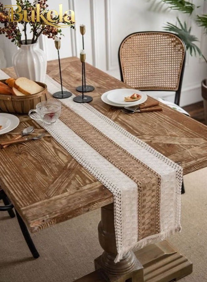 كيلا مفرش سفرة طعام مفرش طاولة من الكتان القطني بتصميم بوهو، مفرش طاولة مجوف محبوك يدويًا لحفلات الزفاف وحفلات استقبال العروس، قطعة مركزية للطاولة 12*108 بوصة (بني) - Image 1