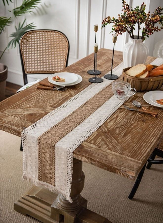 Arabest Natural Burlap Table Runner, Modern Farmhouse Decor Rustic Woven Cotton Crochet Lace 30*180cm  - Image 1