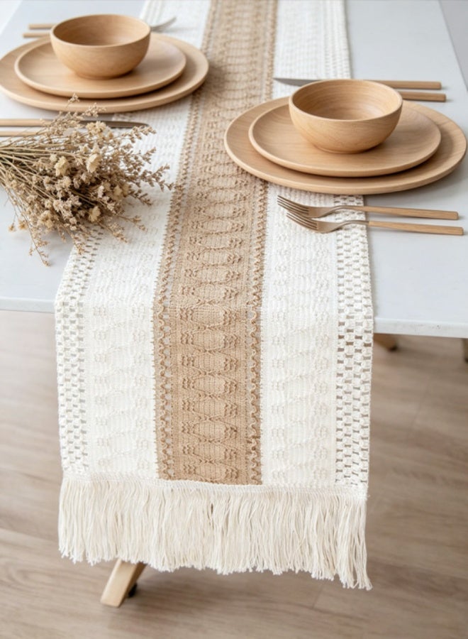Bukela Boho Cotton Linen Table Runner,Hand Crocheted Hollow Table Runner for Wedding Reception Bridal Shower Party Decoration Table Centerpiece 30*275cm (Brown) - Image 1