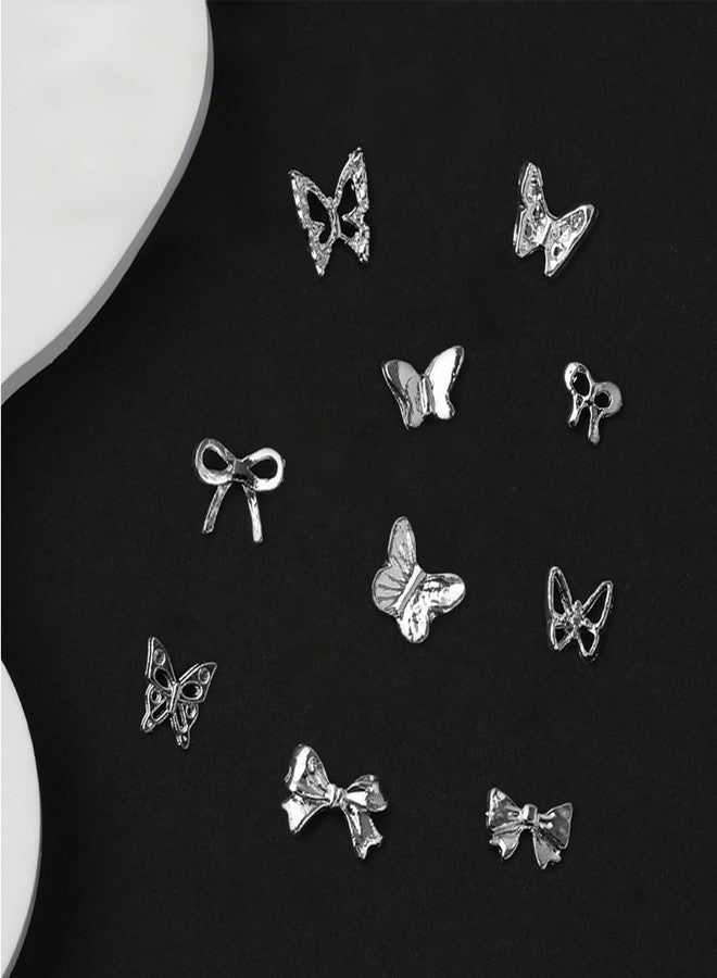 Snmzlc 50pcs 3D Mini Metal Punk Nail Art Studs, Silver Butterfly Bowknot Alloy Decoration, Rivet Nail Charms Rhinestones for Nails Art DIY Design US255 (Silvery Small Butterfly) - Image 1