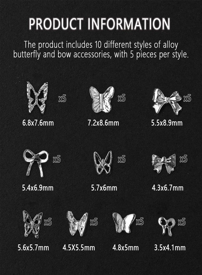 Snmzlc 50pcs 3D Mini Metal Punk Nail Art Studs, Silver Butterfly Bowknot Alloy Decoration, Rivet Nail Charms Rhinestones for Nails Art DIY Design US255 (Silvery Small Butterfly) - Image 2