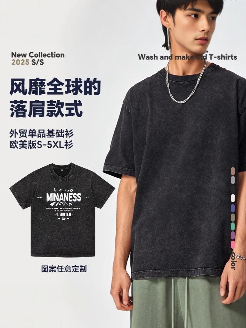 Code 230G American Washed Old Short Sleeve T-Shirt Tide Brand Explosions Men'S And Women'S T-Shirt Logo Printing - Image 4