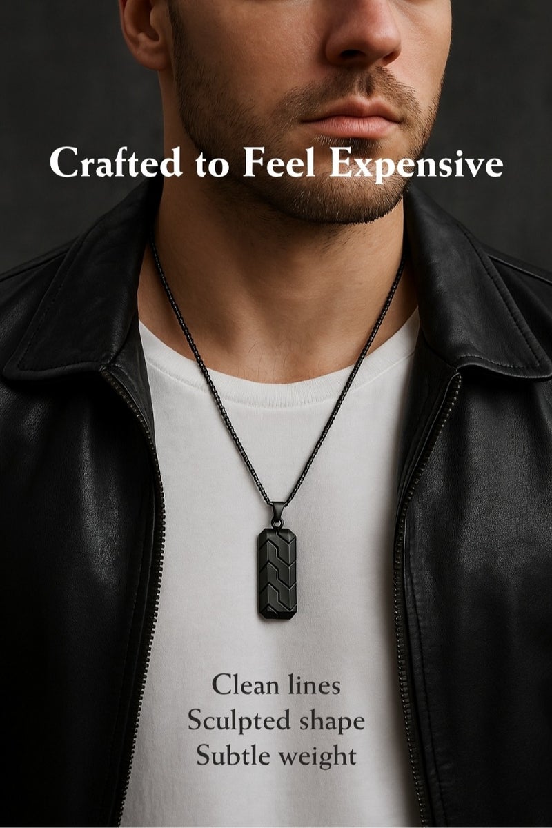 Black Stainless Steel Pendant Necklace for Men – Tire-Tread Design | 60cm (23.6in) Chain, 55x19mm Pendant, Approx. 28g | Bold & Refined Texture, Durable & Versatile - Image 1