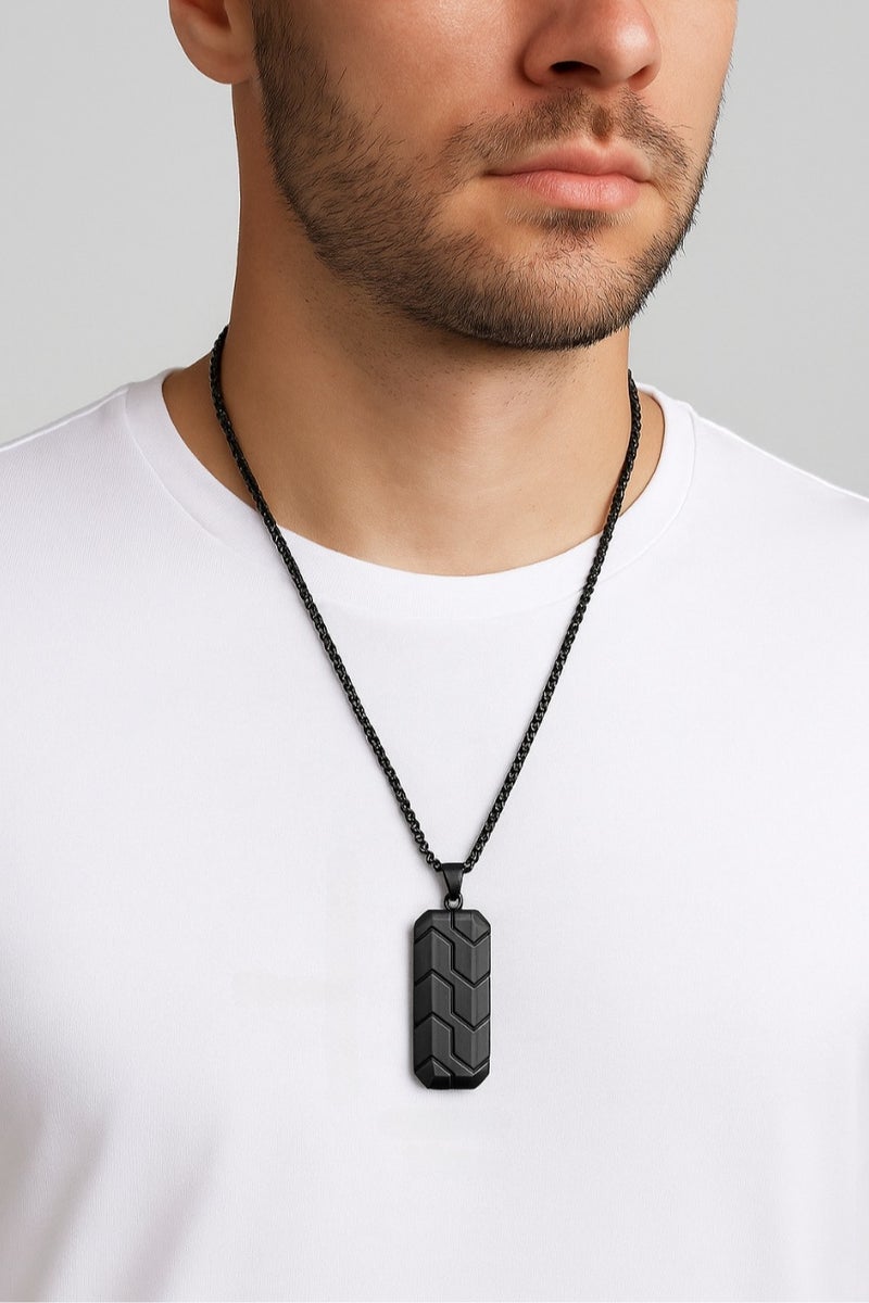 Black Stainless Steel Pendant Necklace for Men – Tire-Tread Design | 60cm (23.6in) Chain, 55x19mm Pendant, Approx. 28g | Bold & Refined Texture, Durable & Versatile - Image 4